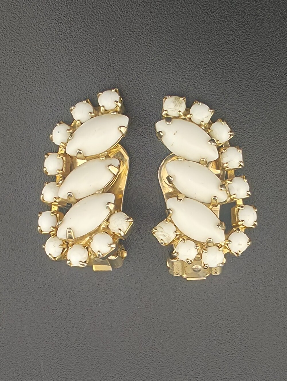 Vintage Milk Glass Marquis Rhinestone Gold Tone Clip Earrings 1"